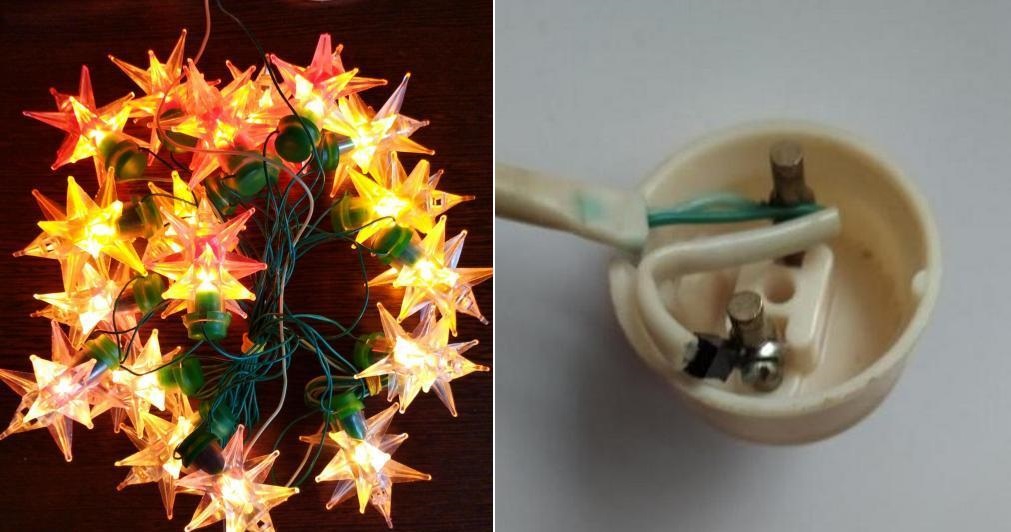 Фото 1.3. Включённая гирлянда «Астероид». К необычным решениям — последовательно с лампочками, в сетевой вилке установлен выпрямительный диод — для увеличения ресурса ламп и добавления мерцания